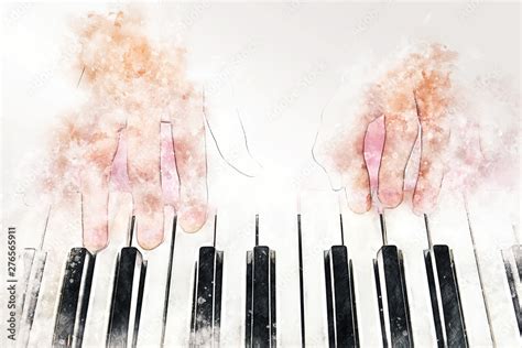 abstract colorful shape on playing piano keyboard watercolor illustration painting background ...