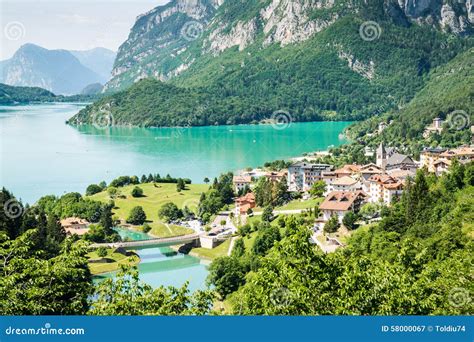 Lake Molveno, Elected Most Beautiful Lake in Italy. Stock Image - Image of forest, background ...