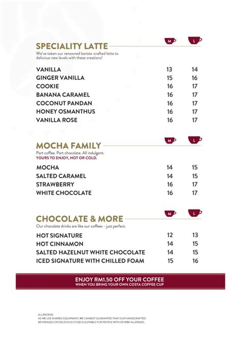 Costa Coffee Menu Malaysia Prices Updated 2024