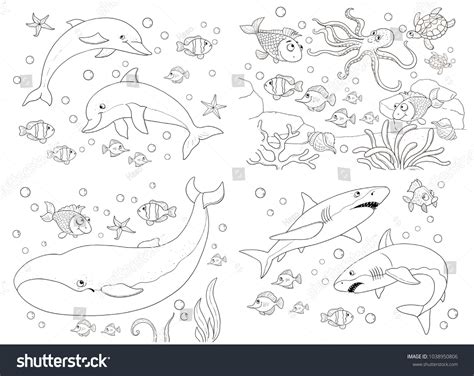 Set Cute Sea Animals Ocean Coloring: ภาพประกอบสต็อก 1038950806 ...