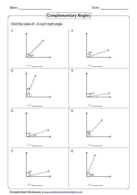 Complementary Angles Worksheet