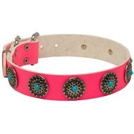 Pink Leather Dog Collar with Circles for Dog Walking [C75P#1144 Pink Leather Collar with Blue ...