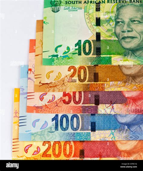 New South African currency in bill denomination depicting Nelson Mandela ten rand to two hundred ...