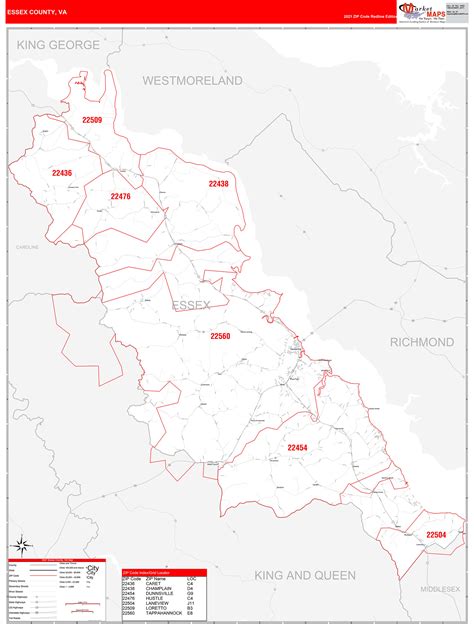 Essex County, VA Zip Code Wall Map Red Line Style by MarketMAPS ...