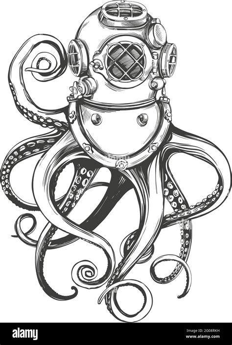 octopus in a diver helmet, old underwater diving helmet hand drawn vector illustration sketch ...