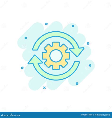 Workflow Process Icon in Comic Style. Gear Cog Wheel with Arrows Vector Cartoon Illustration ...