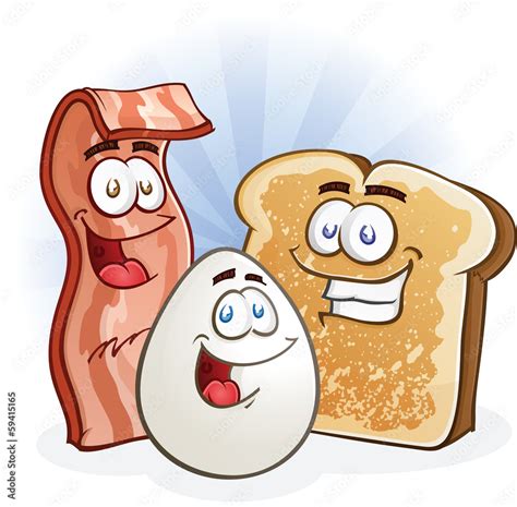 Bacon, Egg and Toast Cartoon Breakfast Characters Stock Vector | Adobe ...