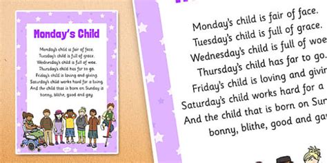 Monday's Child Nursery Rhyme Poster - Kindergarten songs - Twinkl