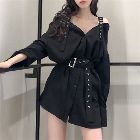 Aliexpress.com : Buy 2018 New Autumn Fashion Gothic Korean Style Black Women Dress Straight Belt ...