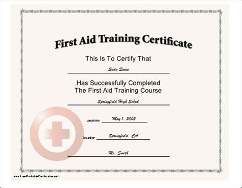 This certificate, with a red cross seal, certifies the completion of first aid training. Fre ...