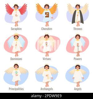 Paradise bible flat infographic set of nine isolated characters representing types of angels ...