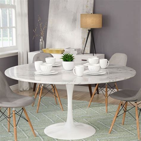 Modern Minimalist 47" White Faux Marble Dining Table Round Ding Table ...