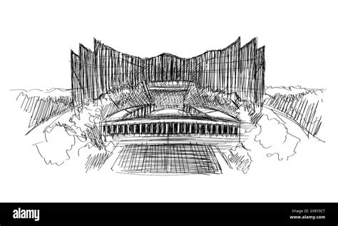 Nusantara Indonesia new capital palace design architecture hand drawing illustration black and ...