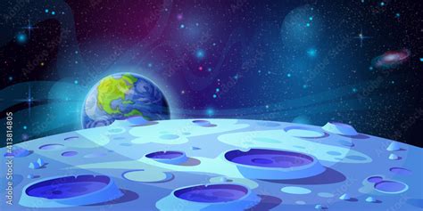 Moon surface landscape with craters and Earth on background cartoon vector illustration. Lunar ...