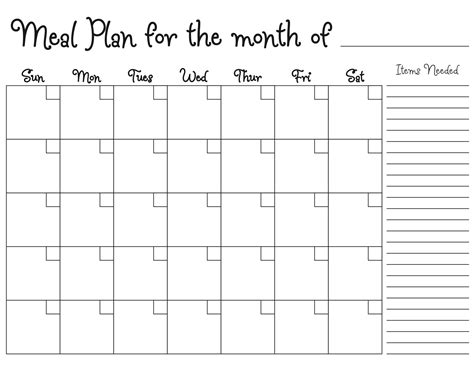 Printable Meal Plan Calendar