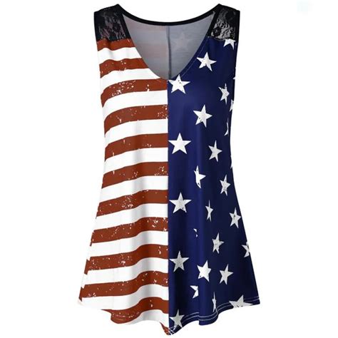 American Flag Print Women Blouse Lace Insert V Neck Summer Shirt Female ...