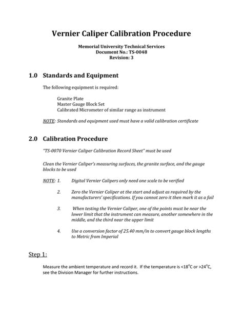 Vernier Caliper Calibration Procedure