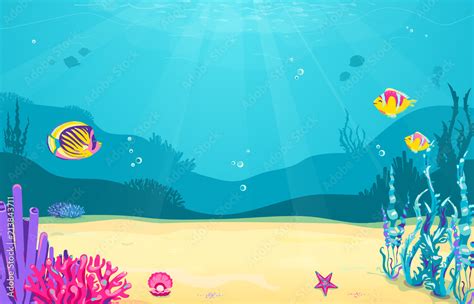 Underwater cartoon background with fish, sand, seaweed, pearl, jellyfish, coral, starfish. Ocean ...