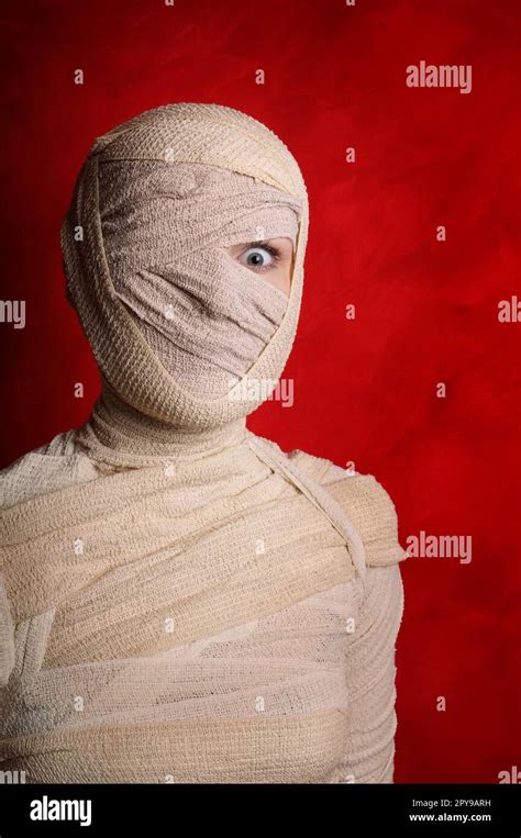 wide-eyed female mummy covered in bandages Stock Photo - Alamy