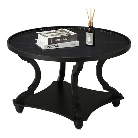 Wnutrees Farmhouse Round Coffee Table,Wood Tray Top Circle Coffee Table ...