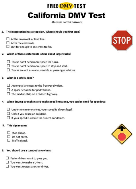 Printable California Dmv Practice Test