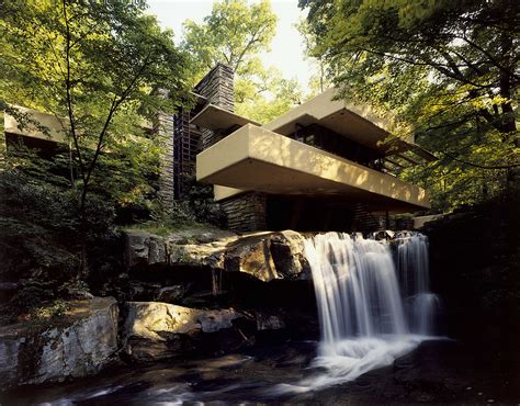 Large Fallingwater photos: Low angle near waterfall (Frank Lloyd Wright)