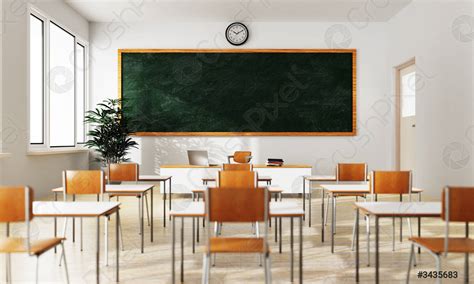 Empty white classroom background with green chalkboard table and seat - stock photo | Crushpixel