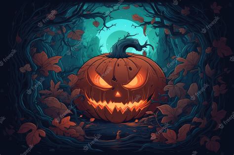 🔥 Download Premium Photo A Halloween Pumpkin In Dark Forest With Full ...