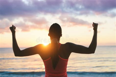 Woman Celebrating Fitness Beach Summer Workout Success Stock Image - Image of caucasian ...