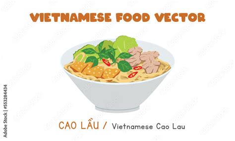 Vietnamese Cao Lau noodles with pork and vegetables flat vector design ...