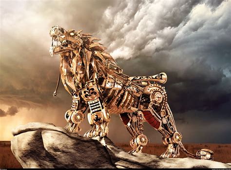 Online crop | HD wallpaper: lion, mechanical, robot, Steampunk, cloud - sky, no people ...