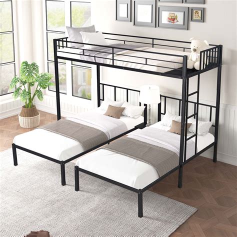 Momspeace Metal Triple Bunk Bed for 3, Twin over Twin Bunk Bed with Guardrails for Kids, Adults ...