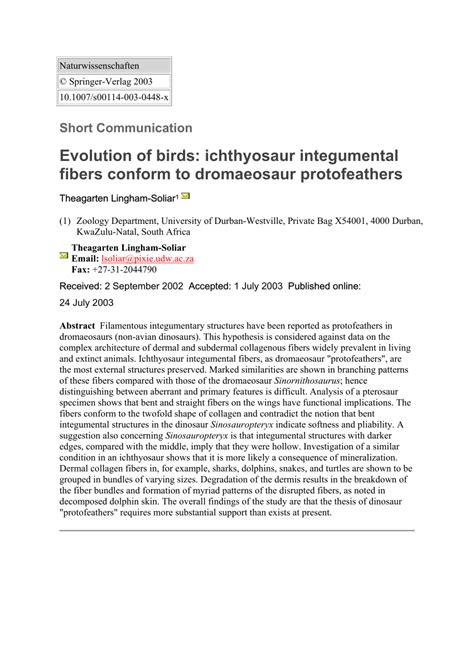 (PDF) Evolution of birds: Ichthyosaur integumental fibers conform to ...