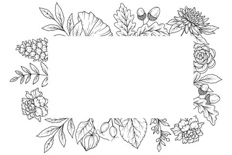 Fall floral frame outline. Fall Foliage Line Art Illustration, Outline Leaves arrangement Hand ...