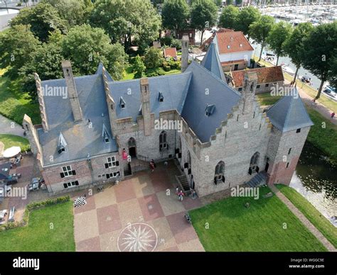 Drone photo of castle Radboud in Medemblik. The castle dates from 1288. Medemblik Castle is one ...