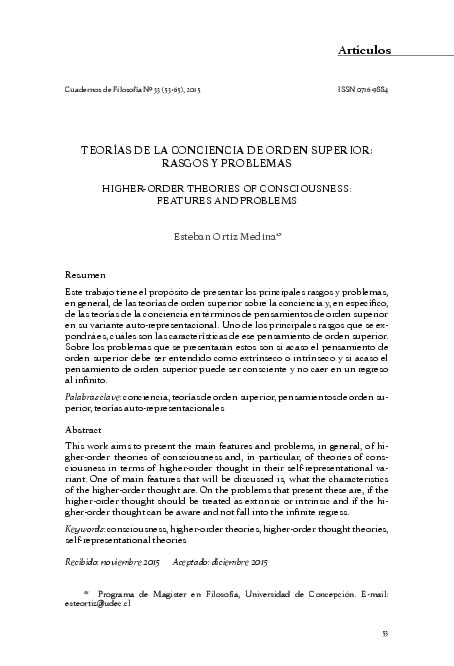 Teorías de la conciencia de orden superior: rasgos y problemas/Higher-order theories of ...