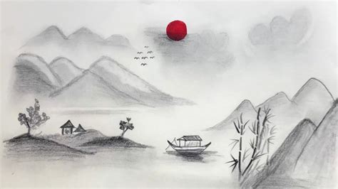 Landscape scenery drawing | Chinese art | Pencil sketch - YouTube