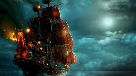 black and red pirate ship illustration #pirates #ship #night sailing ship fantasy art #artwork ...