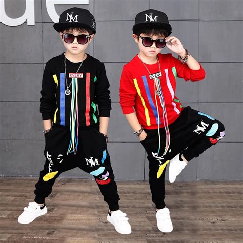 2018 Autumn Boys Hip Hop Clothing Set Kids Color Bars Printing Dancing Clothes Children Sport ...