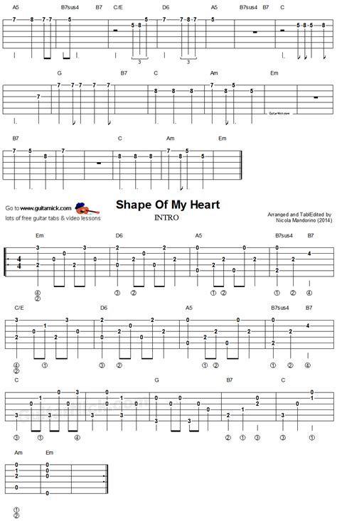 SHAPE OF MY HEART Easy Guitar Tab: GuitarNick.com