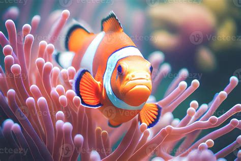 Close up of a brightly colored Clown fish swimming among the coral in ...