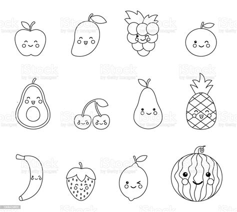 Coloring Page With Cute Kawaii Fruits And Berries Set Of Black And ...