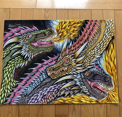 Game of thrones drawing of the three dragons done with markers. This artwork was a long process ...