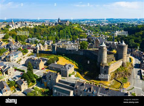 Drone view of medieval chateau in French town of Fougeres Stock Photo ...