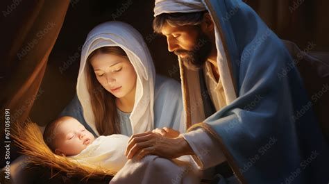 Portrait of Mary and Joseph with baby Jesus. Nativity of Jesus. Beautiful Christmas concept ...