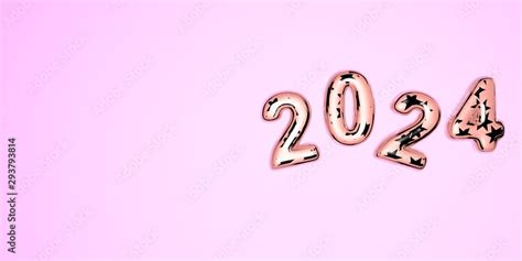 Happy New Year 2024. 3D festive illustration of pink colored glass numbers and silver stars on a ...