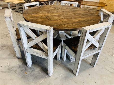 5ft Round Rustic Farmhouse Table with chairs, Single Pedestal Style Base, Dark Walnut Top with ...