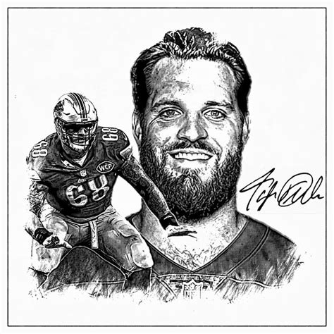 a drawing of a man with a beard and football jersey on, next to him