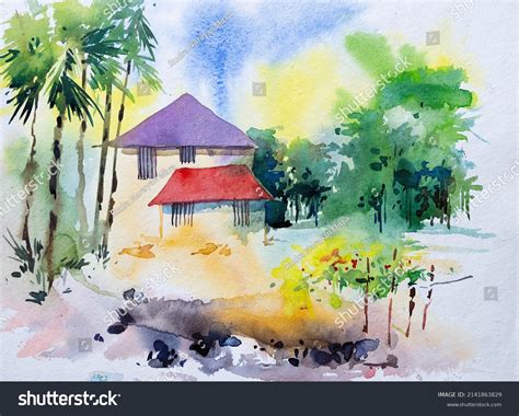 Watercolor Painting Indian Village House Green Stock Illustration ...