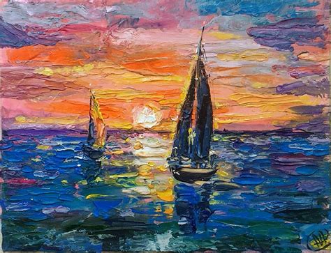 Sailing boats on sunset Painting by Alina Skorokhod
